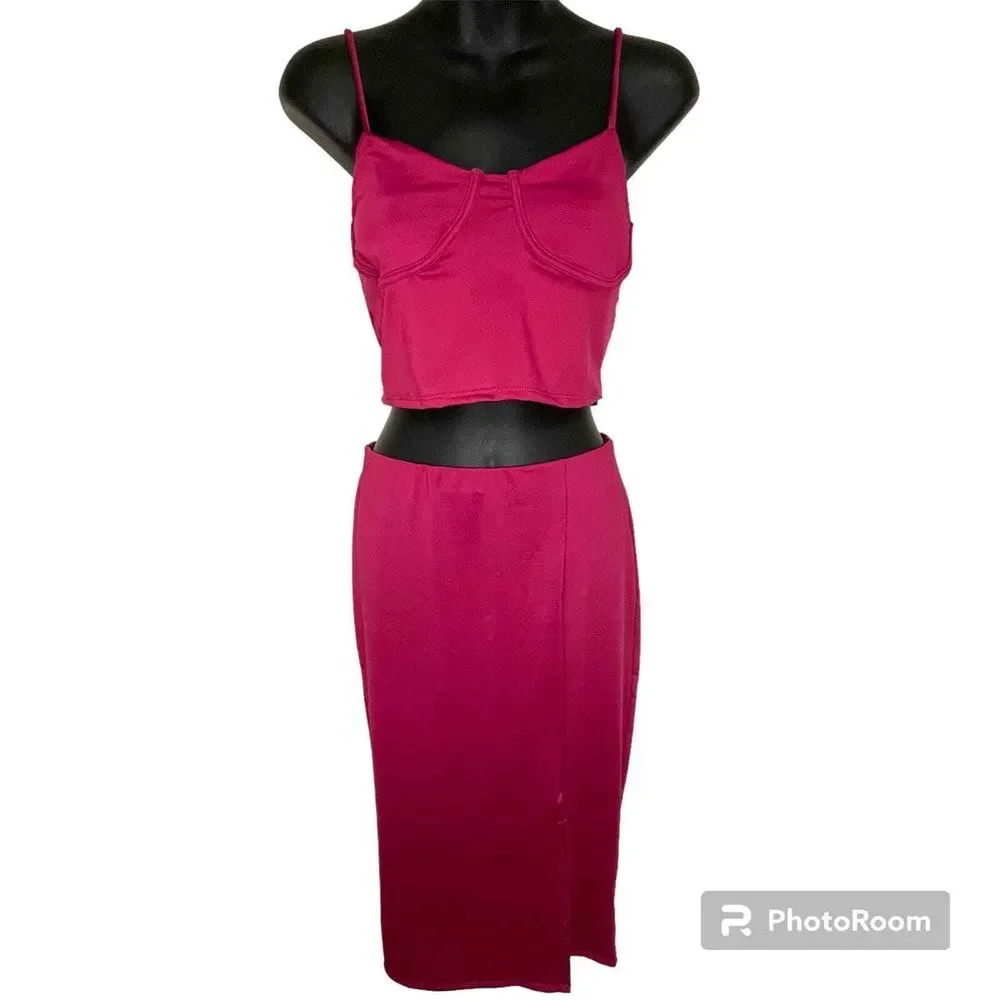 21 Saints 2 Piece Crop Top and Midi Skirt Matching Set‎ Magenta Pink Size Small